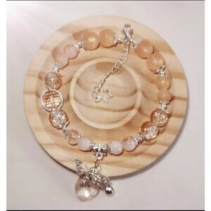 Peach/ White Wire Bracelet with Butterfly and Heart Dangle #630